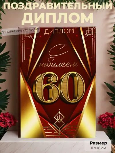 Диплом «С юбилеем 60 лет» — торжественное признание заслуг и жизненного пути, 11×16 см